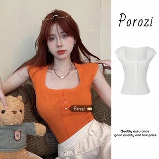 Porozi Áo croptop Dệt Kim không tay cổ vuông phong cách Hàn Quốc thời trang cho nữ