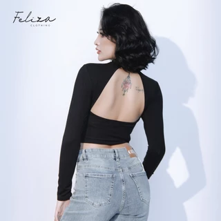 Áo Croptop nữ trơn cổ lọ tay dài hở lưng quyến rũ chất thun lụa mềm – Feliza Clothing