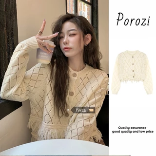 Porozi Áo sweater Áo croptop dệt kim dáng ngắn phối tua rua phong cách Hàn Quốc thời trang cho nữ