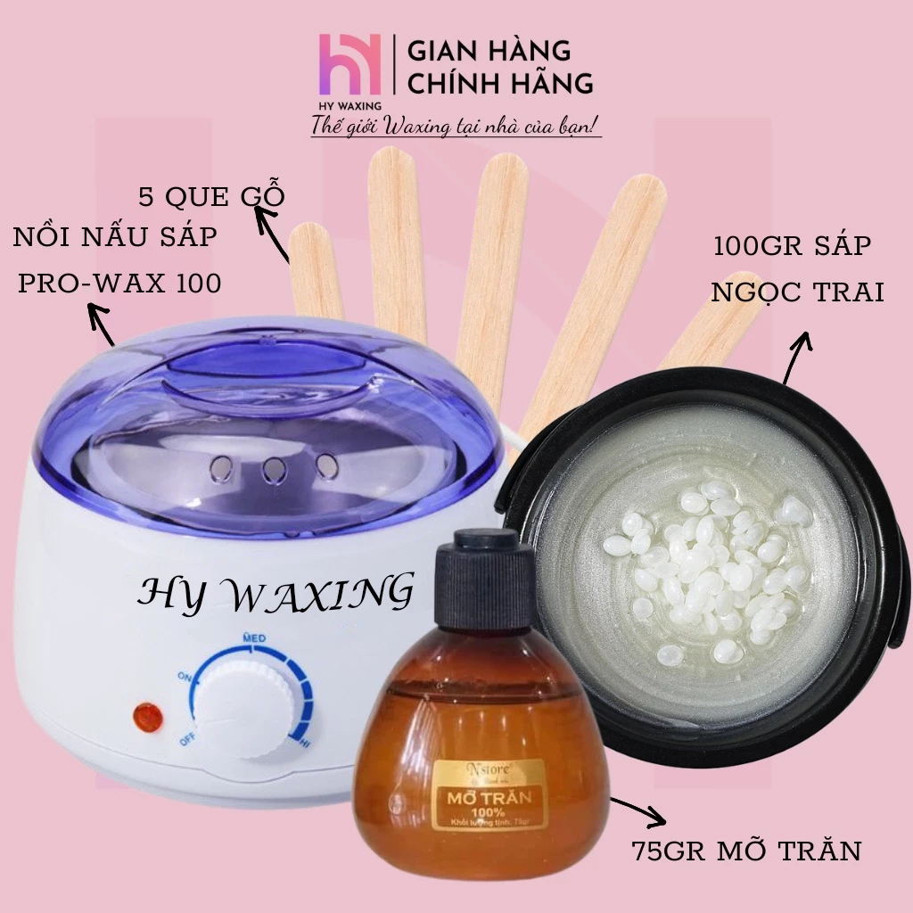 [CHE TÊN] Combo Nồi Nấu Sáp Wax Lông ProWax100 HY WAXING+100gr Sáp Ngoc Trai+75gr Mỡ Trăn Tặng Que