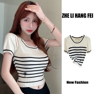 Áo croptop dệt kim ZHELIHANGFEI tay ngắn phồng họa tiết kẻ sọc thời trang quyến rũ cho nữ