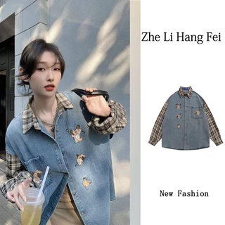 ZHELIHANGFEI Áo Khoác Sơ Mi Denim Tay Dài Dáng Rộng Kẻ Sọc Kiểu Retro Cá Tính