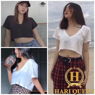 Áo croptop cổ tim ngắn tay đen trắng HARIQUEEN