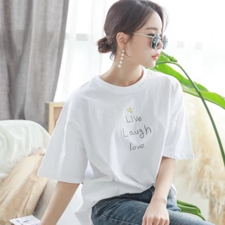 Áo Thun Nữ Tay Lỡ HappyFamily Form Rộng Live Laugh Love Chất vải cotton 100 cao cấp-Màu Trắng