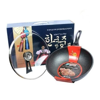 Chảo chống dính siêu bền đá sấu 32cm Hàn Quốc có nắp kính dùng được cho cả bếp từ - chảo đá cô gái