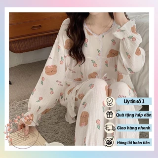 Bộ Gấu Nâu Cute Quần Áo Dài tay Viền Ren Tay Bèo Cực Xinh From Rộng Cực Thoải Mái