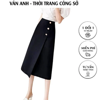 Chân váy công sở dài chữ A lưng cao, váy dài qua gối dáng xòe màu đen VannhShop CV0066