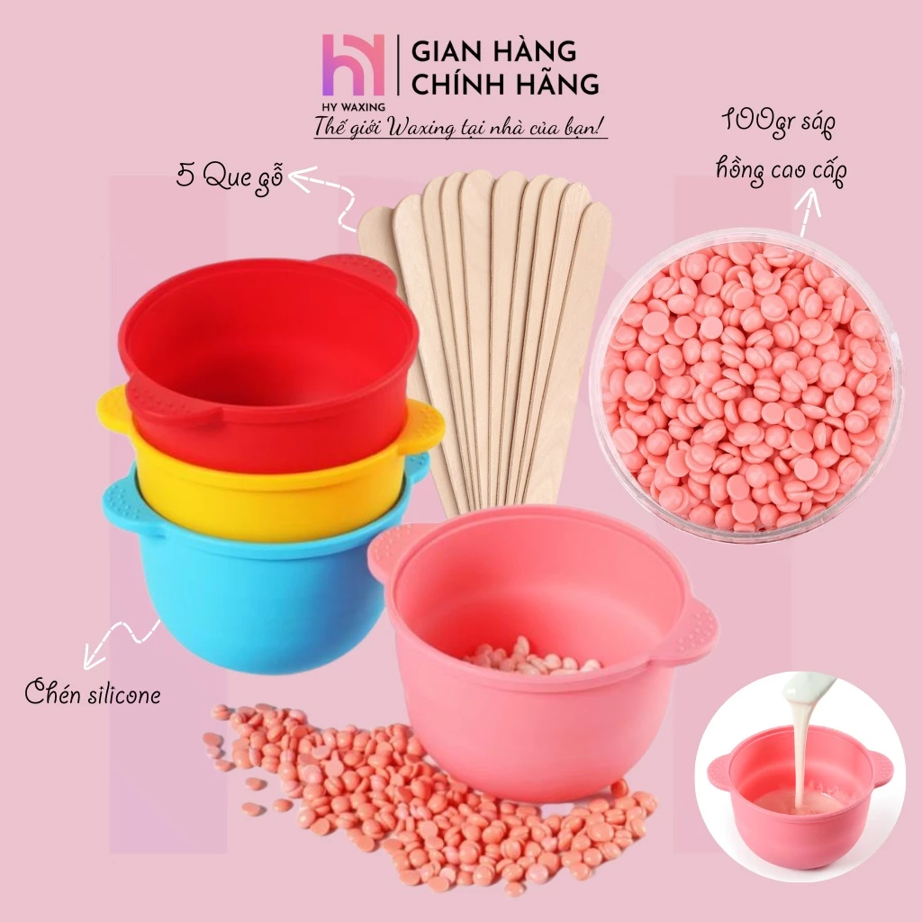 [CHE TÊN] Set Chén Silicone Nấu Sáp Wax Lông HY WAXING + 100gr Sáp Hồng Cao Cấp Tặng Que