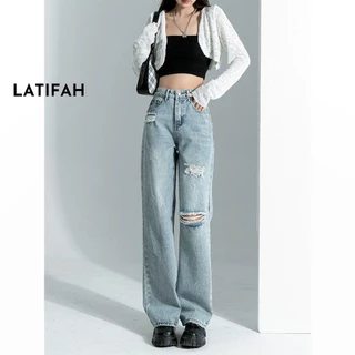 Quần baggy jeans nữ LATIFAH ống rộng cắt rách dài 98cm phong cách năng động trẻ trung QD257