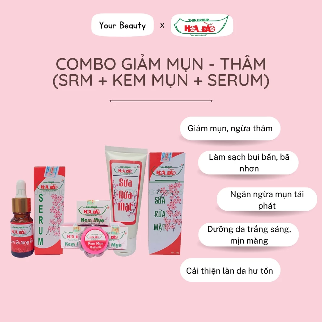 Bộ 3 sản phẩm ngừa mụn, giảm thâm và dưỡng da Hoa Đào Thin Group (sữa rửa mặt + serum + kem mụn)