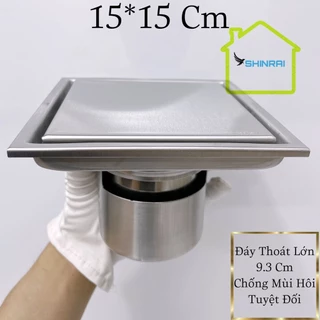 ( 15*15 Cm - Dán Gạch ) Phễu Thoát Sàn , Ga Thoát Nước Viền Nhà Tắm INOX SUS304 Xước Chống Mùi Hôi SHINRAI Đáy Lớn 9.3Cm