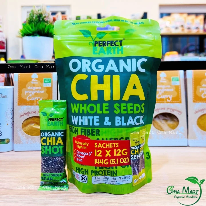 Hạt Chia Hữu Cơ Perfect Earth 114g ( 12 gói nhỏ 12g) tiện dụng, sạch,an toàn