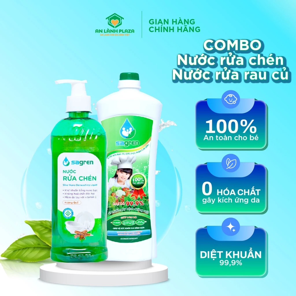 Combo Nước rửa chén bát hữu cơ Sagren 450ml và nước rửa rau củ quả Sagren 1000ml - An Lành Plaza