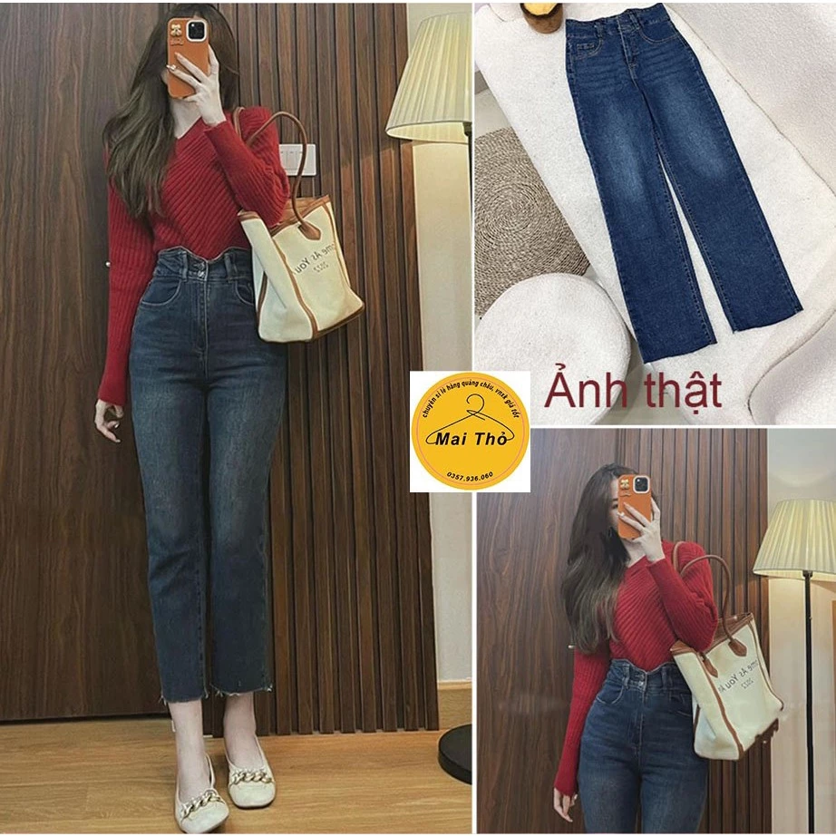 Quần jean xanh đậm ống đứng cắt gấu,quần jeans nữ 2 khuy khoét cạp co giãn [mã 18]