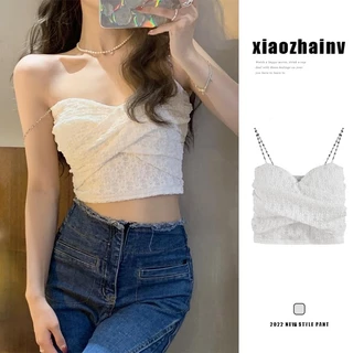 Xiaozhainv Áo Croptop Sát Nách Phối Ren 3 Màu Thiết Kế Quyến Rũ Cho Nữ