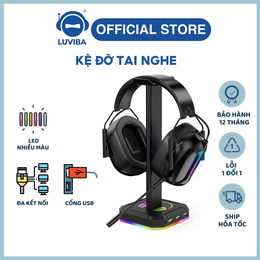 Kệ treo đỡ tai nghe headphone có led RGB, chân đế chắc chắn chống trơn trượt, có jack cắm USB