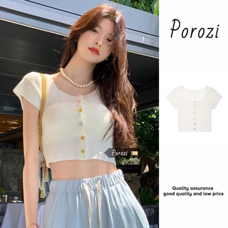 Porozi Áo croptop dệt kim tay ngắn cổ vuông thời trang Hàn Quốc dành cho nữ