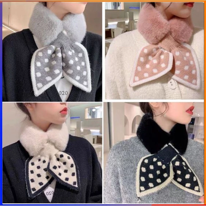 Khăn quàng cổ mùa đông lông mềm hình nơ chấm bi cute, Cổ áo nữ giả bông mềm thời trang giữ ấm cổ đi chơi đi làm FERADO