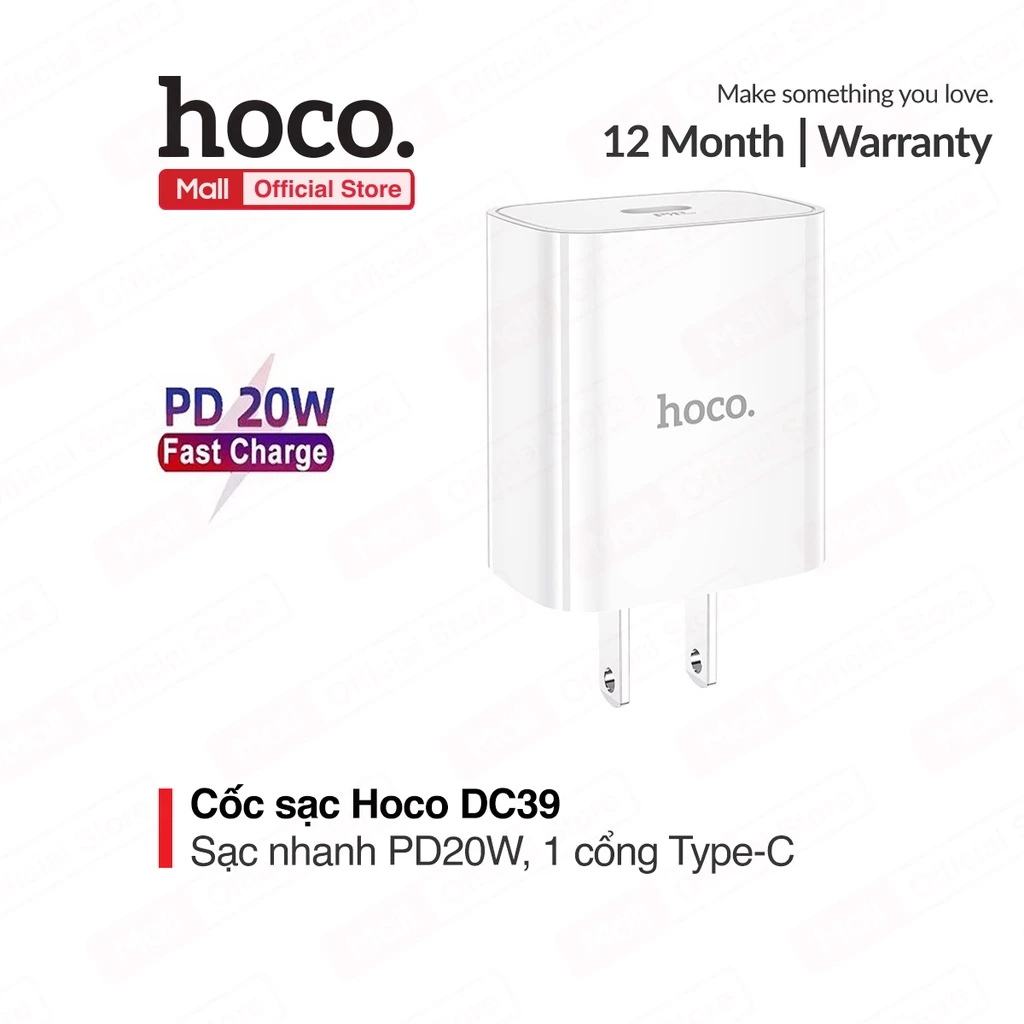 Củ sạc nhanh PD20W 3.0A Hoco DC39 chân US tiêu chuẩn 1 cổng Type-C chất liệu PC cao cấp dùng cho Samsung/Oppo/Android/IP