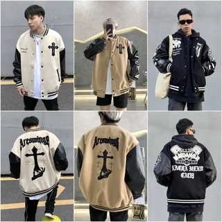 Áo Khoác Bomber Varsity Nỉ Dạ Form Crop Ngắn Phối Tay Da Thêu Hình Full Nam Nữ Unisex