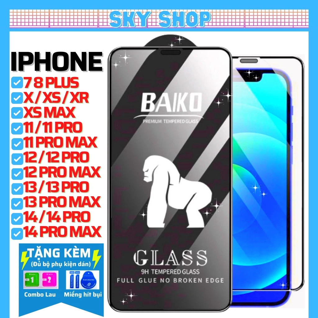 Cường lực Baiko iphone 17 ProMax 18 ProMax 17 Air 14 ProMax 16 15 14 13 ProMax 12 ProMax 11 Pro Max Xs max x 7 Plus 8