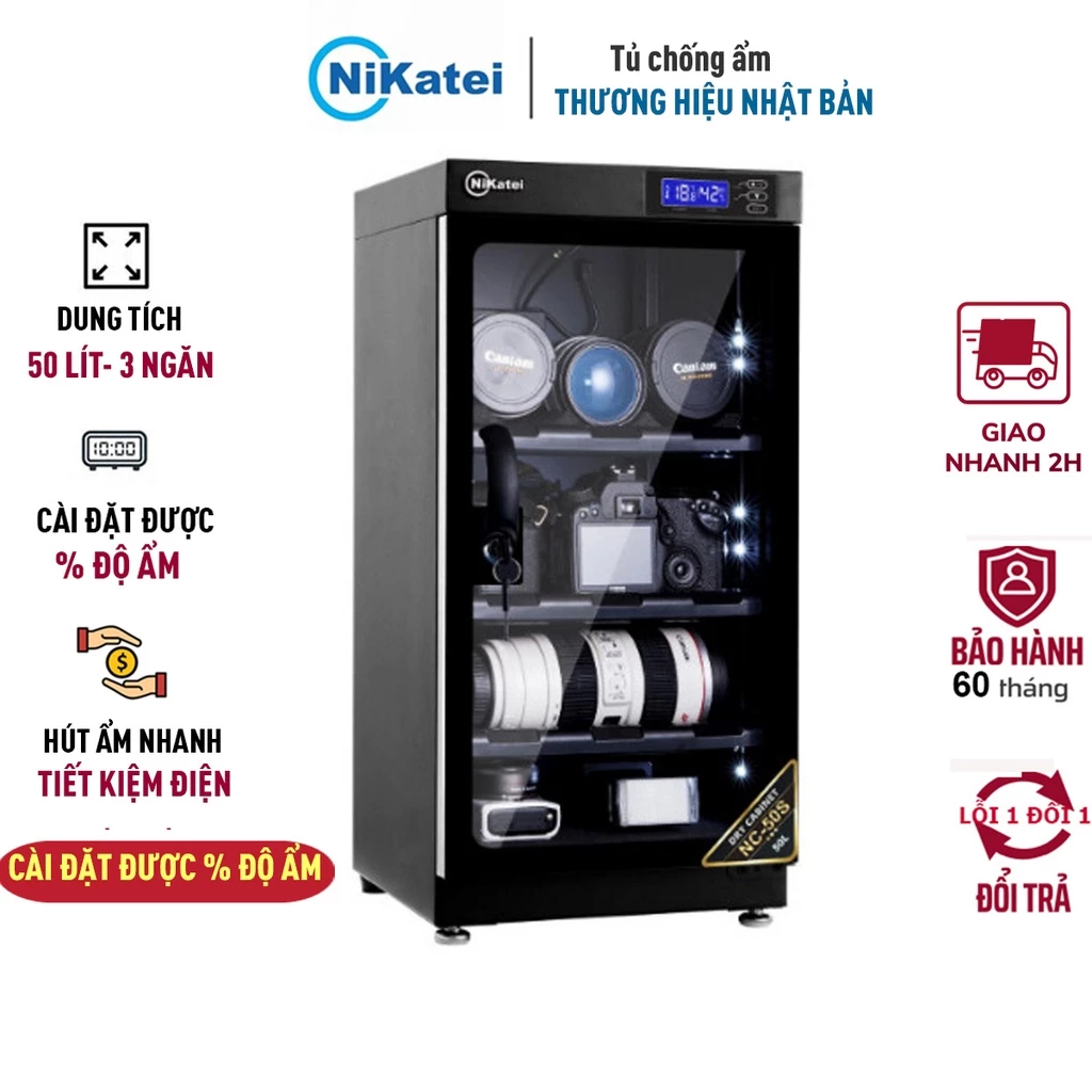 Tủ chống ẩm máy ảnh 50 Lít nhập khẩu Nhật Bản Nikatei NC-50S, 3 ngăn điều chỉnh % độ ẩm - Chính hãng bảo hành 5 năm