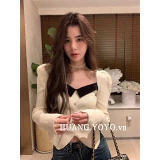 kumikumi HUANG YOYO Áo Croptop Sweater Dệt Kim Tay Dài Màu Trơn Quyến Rũ Thời Trang Hàn Quốc 2023 Cho Nữ