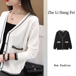 【ZHELIHANGFEI】Áo Khoác Cardigan Dệt Kim Tay Dài Cổ Chữ V Dễ Phối Đồ