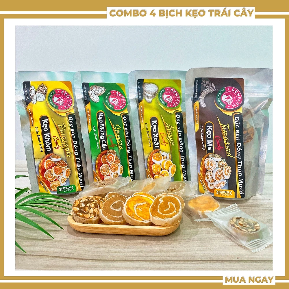 COMBO 4 bịch kẹo trái cây cuộn (bánh trái cây cuộn) bánh tráng Senfarm - 100g/bịch