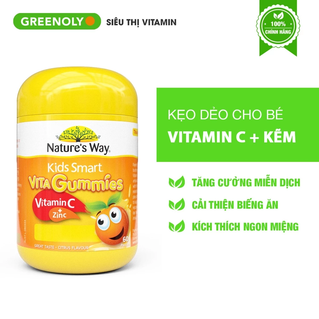 Nature's Way Kẹo Dẻo Bổ Sung Vitamin C & Kẽm Cho Bé Kids Smart Vita Gummies Vị Cam 60 Viên