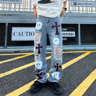 DaDuHey🔥 American Street Cross Skull Embroidered Ripped Jeans Men's High Street Fashion Brand Hip Hop Straight Loose Casual Pants