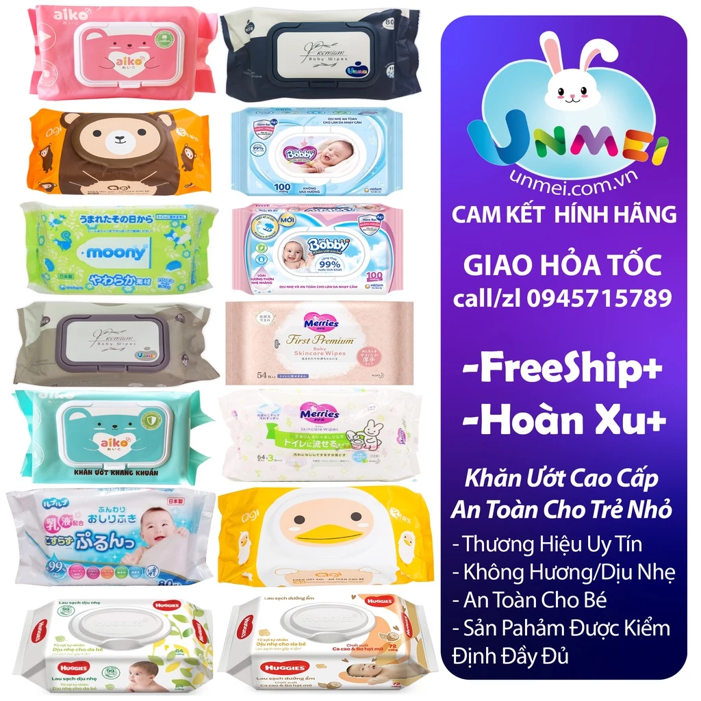 Khăn Ướt Không Hương Cho Bé 100 tờ Agi - Bobby - Aiko - Aikun - Huggies - LEC - Wesser - Moony - Life-do.Plus - Meries