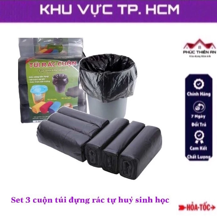 [320gram/bịch] Bịch 3 cuộn túi đựng rác tự hủy sinh học, size trung (65x55cm) - tiện dụng, tiết kiệm