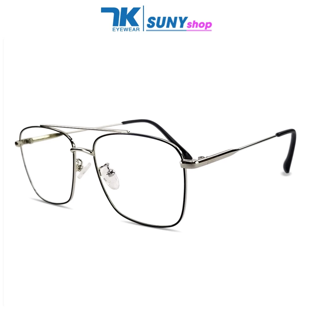 Gọng kính cận nam nữ mắt chữ nhật kim loại cao cấp màu bạc, đen bạc 7K3076. Tròng giả cận 0 độ chống ánh sáng xanh