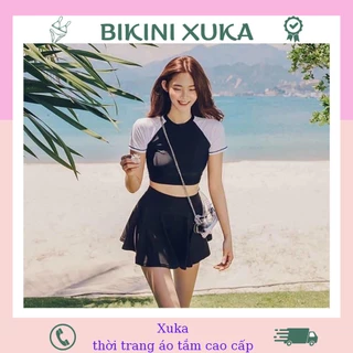 Đồ bơi nữ kín đáo bikini đi biển 2 mãnh áo croptop tay ngắn có mút ngực váy xòe bên trong có quần đùi