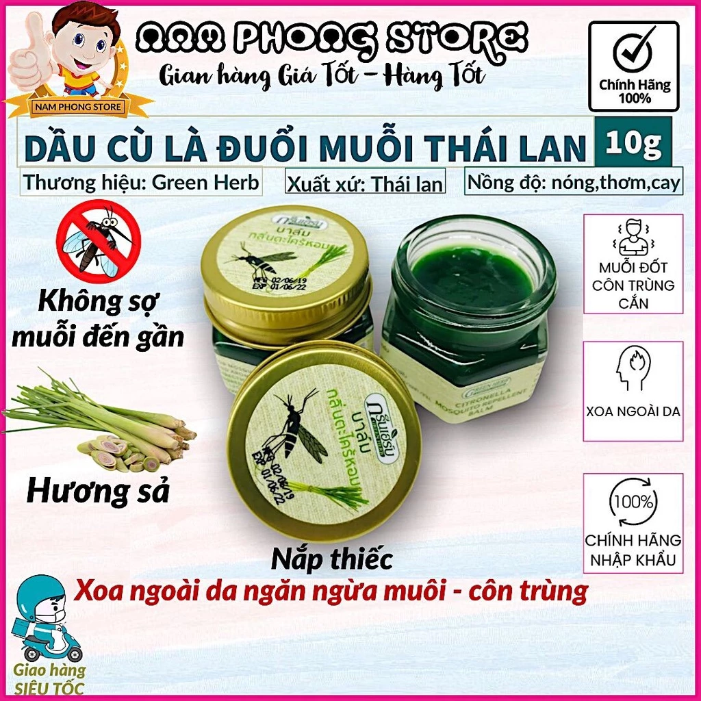 Cù là đuổi muỗi Green Herb Thái Lan 10g nắp thiếc-Nội Địa Thái lan