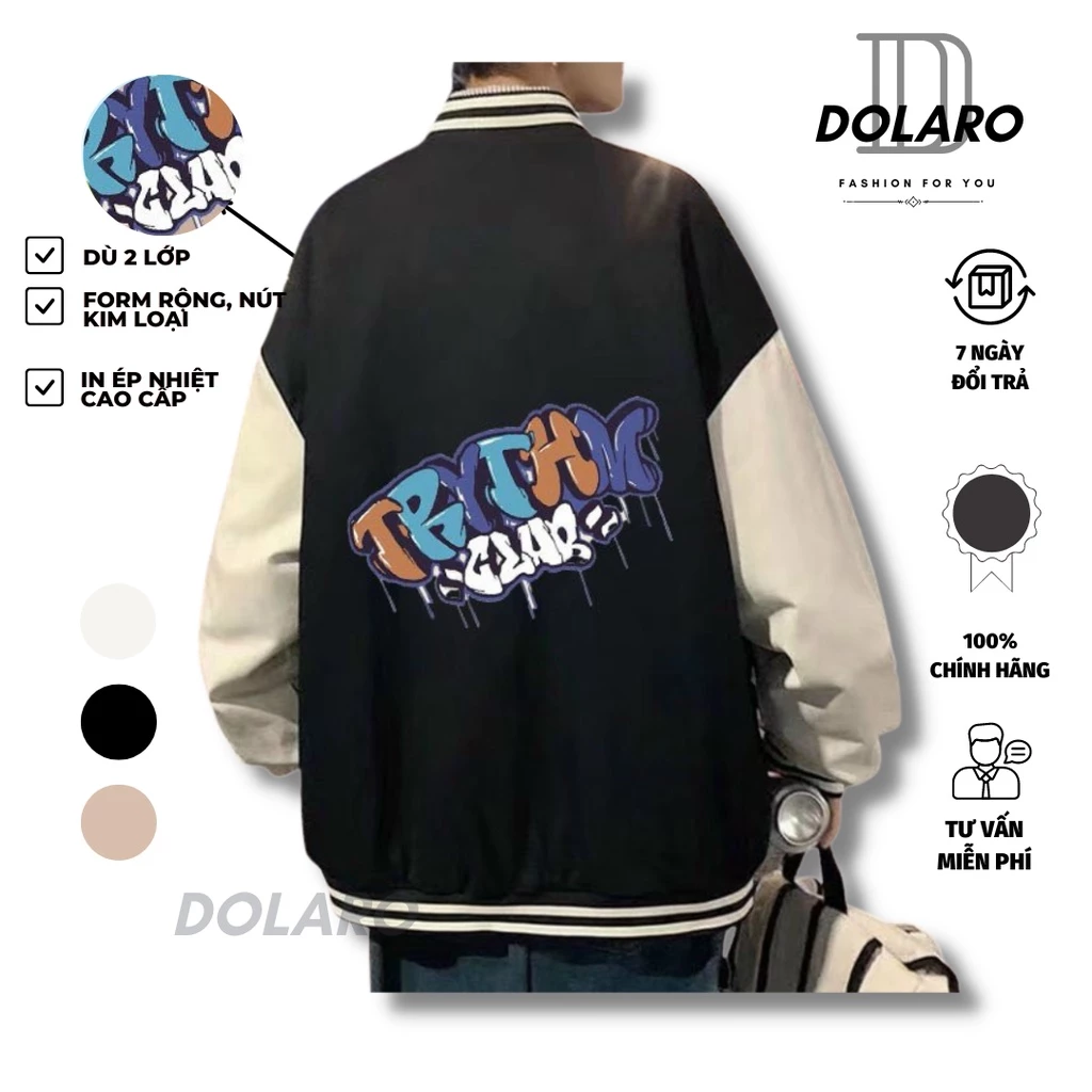 Áo khoác nam bomber chất dù 2 lớp DOLARO cổ bẻ nút bấm họa tiết, áo gió nữ form rộng chống nước nhẹ kèm túi trong