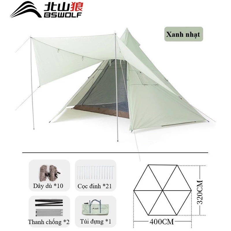 Lều Kim Tự Tháp Có Mái Hiên BSW-ZL070 Kích Thước 400*320*215cm