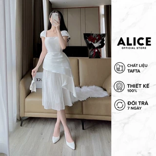 Đầm Dự Tiệc Thiết Kế Tiểu Thư Cổ Vuông ALICE Chất Vải Tafta Cao Cấp Phối Tơ Thiết Kế Tay Cánh Tiên Phối Dập Ly V790