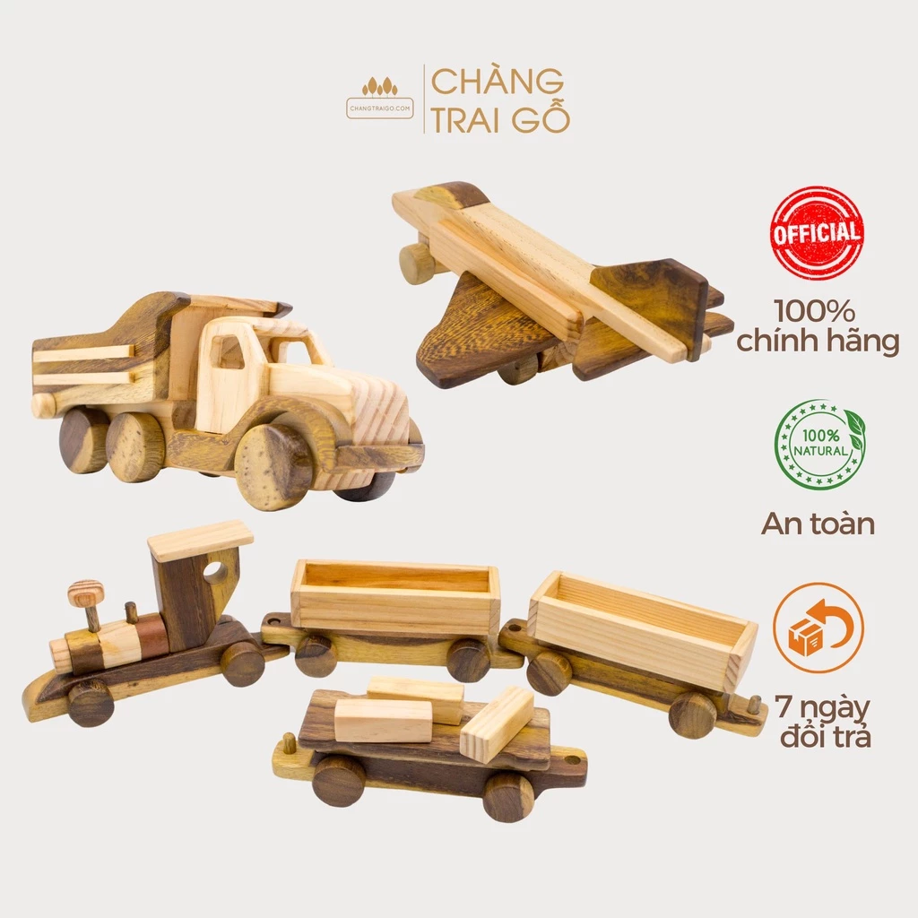 Bộ 3 món đồ chơi xe tàu máy bay cho bé, phát triển vận động tinh cho trẻ, gỗ tự nhiên an toàn Chàng Trai Gỗ