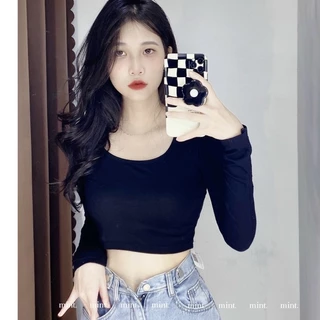 Áo thun lụa croptop nữ tay dài cổ vuông ôm dáng