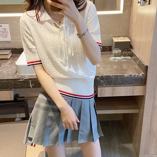 Thom Browne College Style age-reducing lace-up top 22 summer slim polo collar short-sleeved ice silk knitwear women's fashion