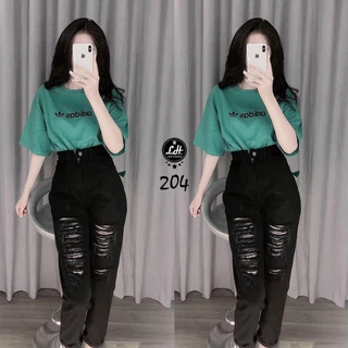 Quần baggy jean nữ, quần jean đen rách gối tua rua siêu chất Lê Huy Fashion MS 204