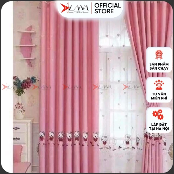 Rèm hello kitty màu hồng cho bé gái, rèm cửa chính, rèm cửa sổ, voan đồng bộ, hàng cao cấp