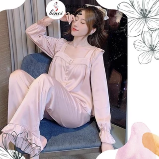 Đồ bộ pijama nữ tay dài cổ vuông siêu hot, chất liệu lụa cao cấp mềm mướt mịn chuẩn hàng QC quần kèm túi [DN87]