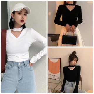 áo cổ tim tay dài cổ lọ croptop