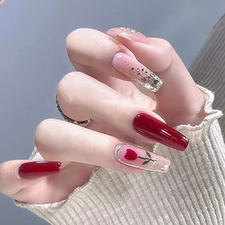 Móng tay giả nail box dài đỏ tươi họa tiết hoa (bộ 24 móng) 💖 SẴN KEO DÁN 💖