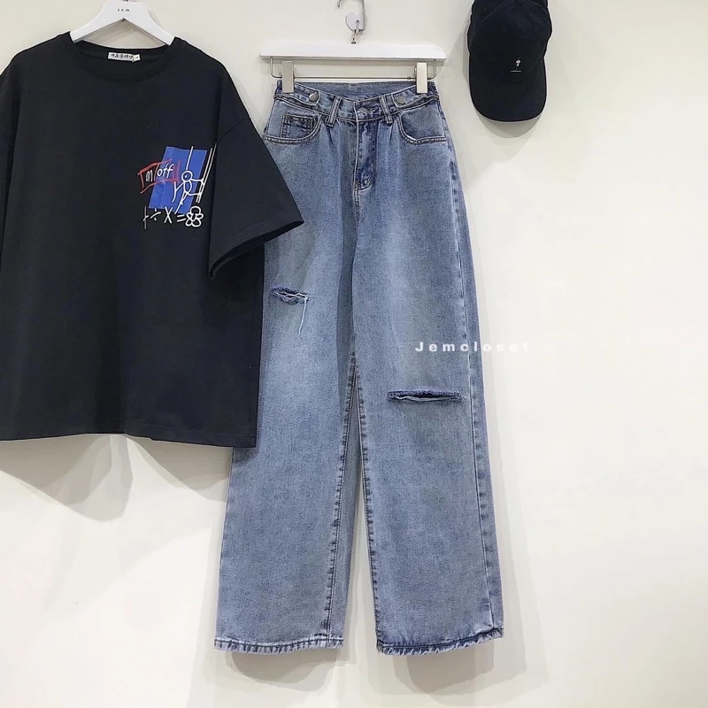 Baggy jeans ống suông đai nút rách PT