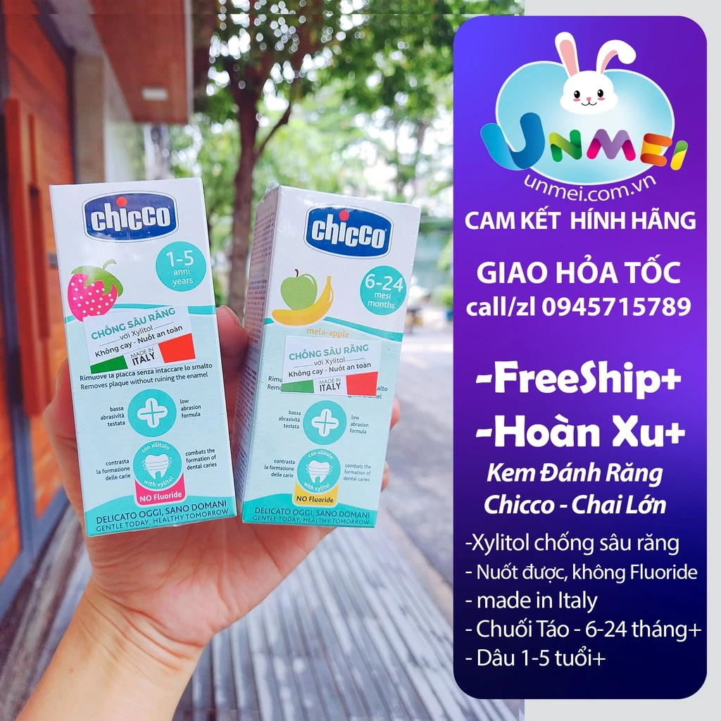 Kem Đánh Răng cho Bé Chicco, Nuốt Được, Không Fluoride, Chai Lớn 50ml, Dâu (1-5 tuổi),Chuối táo (6-24 tháng),Hàng Italy