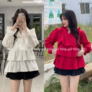 Áo babydoll tay dài , áo kiểu nữ vintage trắng , áo tiểu thư nhiều tầng viền bèo